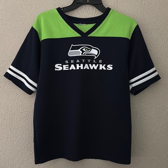 Youth Seattle Seahawks NFL Team Apparel Jersey Blue V Neck Short Sleeve, Large - Picture 1 of 5